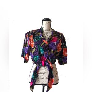 POTOMAC Vintage 80s Rayon Hawaiian Floral Cropped Tie Top